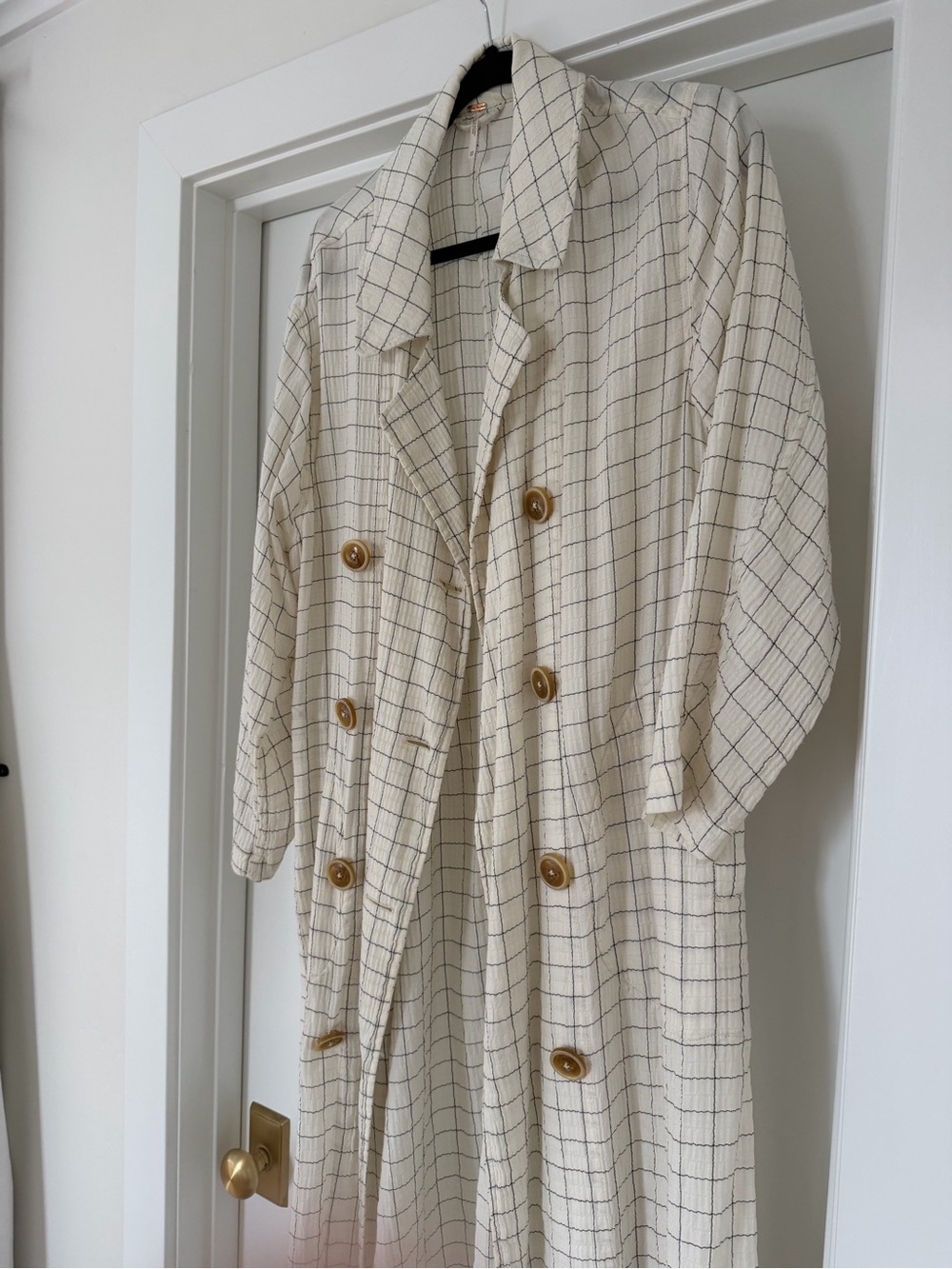 Free People Cream Windowpane Trench with Brown Buttons - Picture 4 of 6